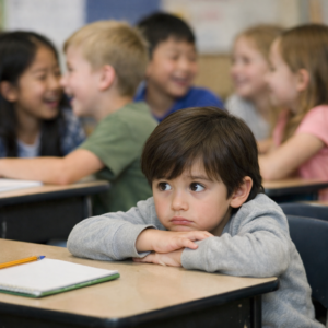 a boy looking worried sat at a desk in a classroom