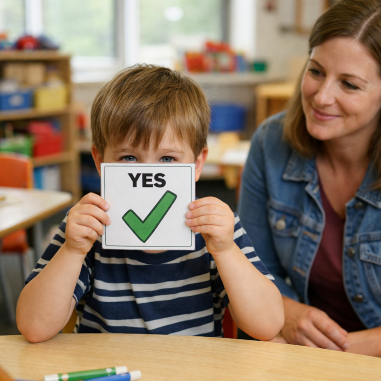 photo of a boy sitting at a small classroom table in a kindergarten classroom, holding up a laminated picture communication card showing the word “YES” with a green tick mark underneath, simple child-friendly picture card design,