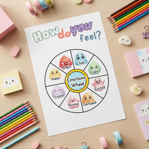 a printable feelings chart for children on a desk