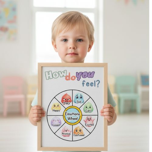 a child holding the feelings wheel