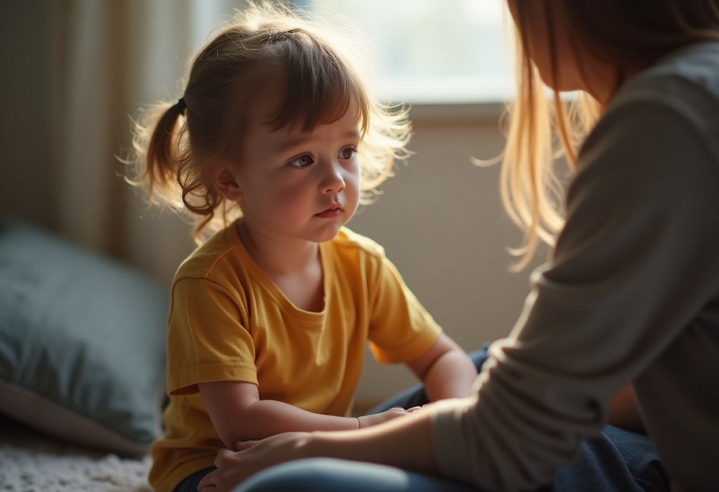 a young child upset sitting with a lady