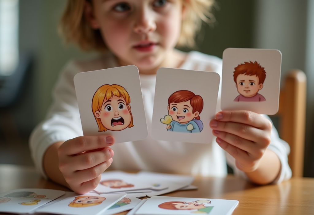 a child holding some feeling cards