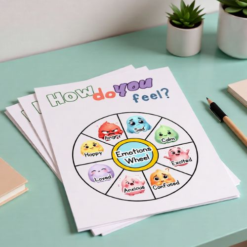 free printable feelings wheel for kids on a desk